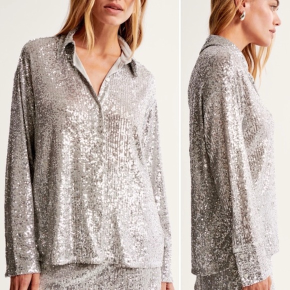 🌼ABERCROMBIE & FITCH🌼 NWT Silver Sequin Button-Up Tunic Shirt, Size L - Picture 1 of 8